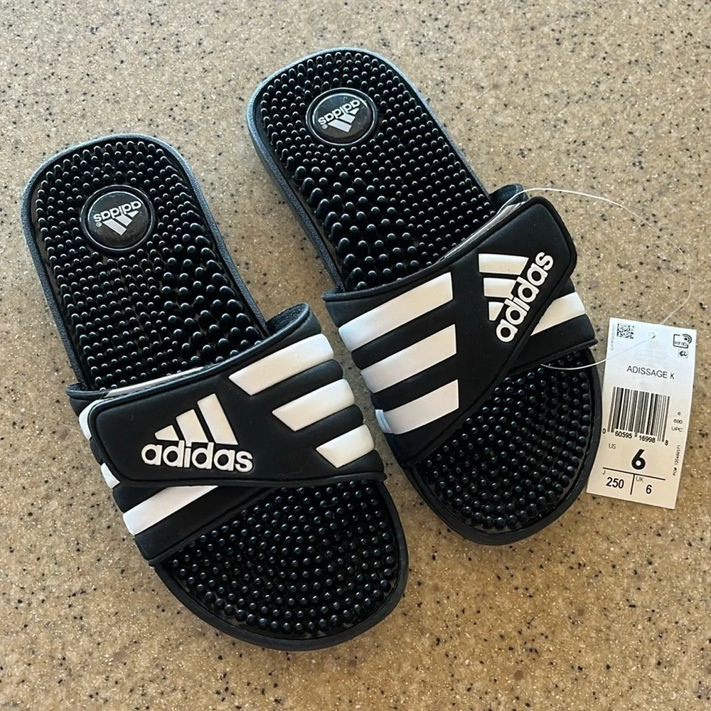 Brand New Adidas 3-Stripe Black & White Adjustable Strap Sport Slides Sandals